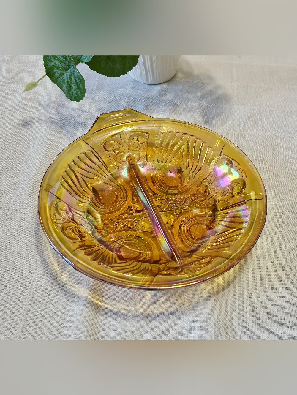 Vintage Indiana Glass Killarney Marigold Carnival Footed Divided Relish Dish